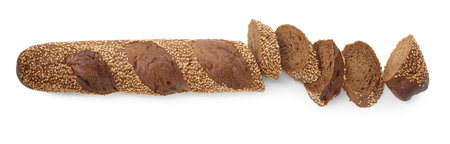 Cut fresh baguette with sesame isolated on white, top view