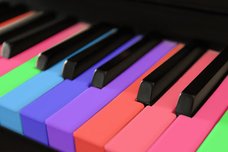Piano with keys in colors of rainbow, closeup. Musical instrumentの写真素材