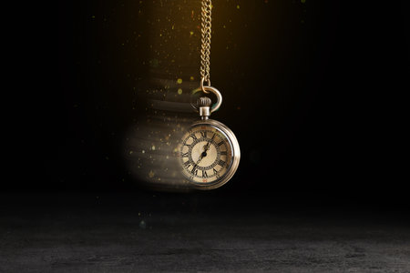 Hypnosis session. Vintage pocket watch swinging on black background, motion blur effect. Magic...