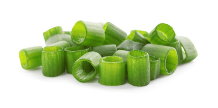 Chopped fresh green onion isolated on whiteの写真素材