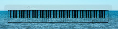 Synthesizer and beautiful seascape, double exposure. Inspiring or relaxing power of music. Banner designの写真素材