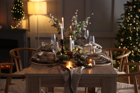 Christmas table setting with stylish dishware, glasses and burning candles in festive decorated roomの写真素材