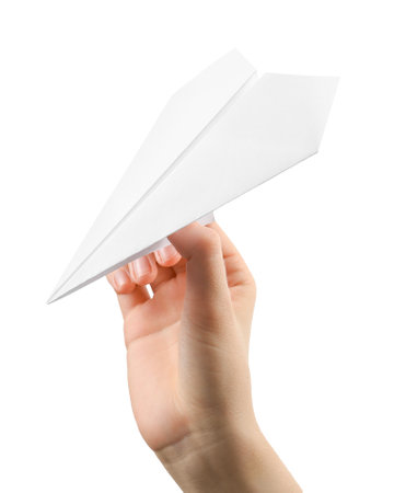Woman with handmade paper plane on white background, closeupの写真素材