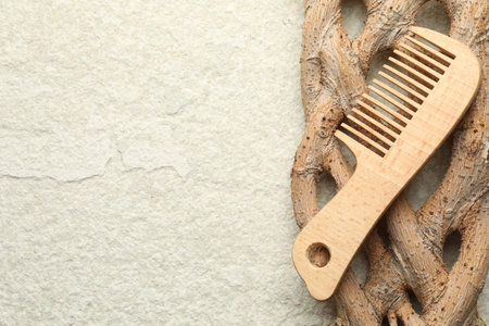 One wooden hair comb and tree branch on beige background, top view. Space for textの写真素材