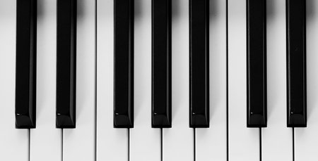 Piano keyboard with black and white keys, top view. Banner designの写真素材