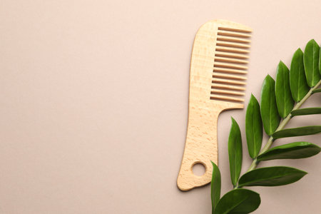 Wooden comb and branch with leaves on beige background, flat lay. Space for textの写真素材