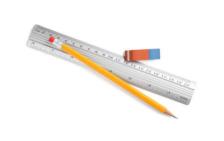 Ruler, pencil and eraser isolated on white, top viewの写真素材