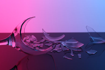 Pieces of broken wine glass on table, closeup. Color tone effectの写真素材