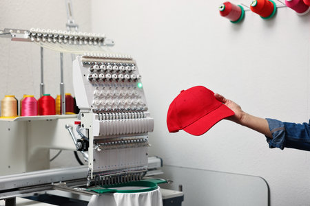 Woman with blank baseball cap for print indoors, closeup