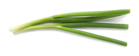 Fresh green onions isolated on white, top viewの写真素材
