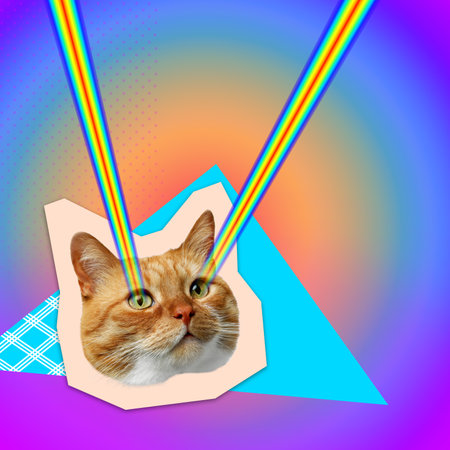 Rainbow lasers shooting from cat's eyes on colorful background, creative collage. Stylish posterの写真素材