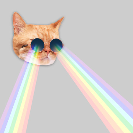 Cat in sunglasses shooting with rainbow lasers from eyes on gray background. Stylish posterの写真素材