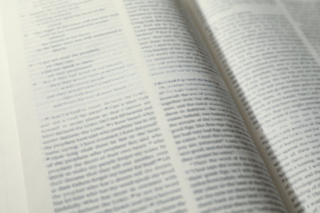 Open Holy Bible in English language as background, closeupの写真素材