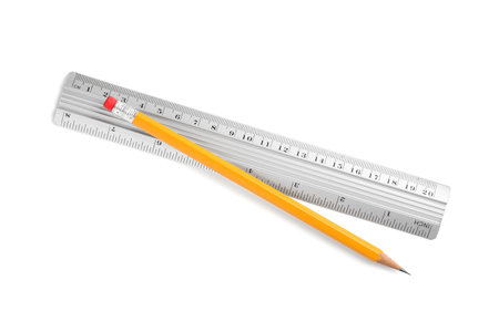 Ruler and pencil isolated on white, top viewの写真素材
