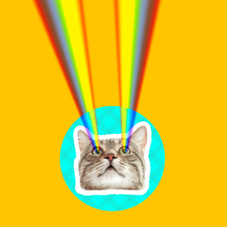Cat shooting with rainbow lasers from eyes on orange background, creative collage. Stylish posterの写真素材