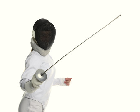 Fencer with epee practicing on white background