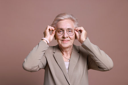 Portrait of senior woman on color backgroundの写真素材