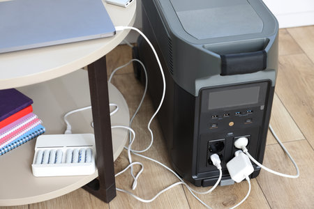 Modern portable power station, charging attached devices indoors