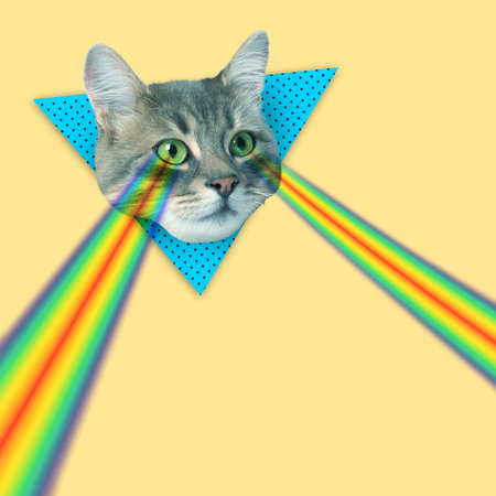 Cat shooting with rainbow lasers from eyes on beige background, creative collage. Stylish posterの写真素材