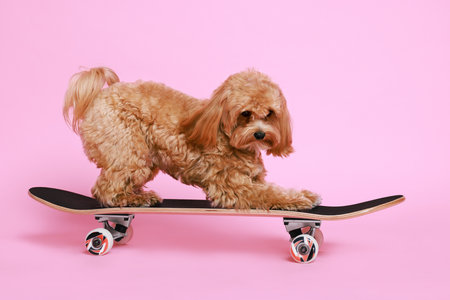 Cute Maltipoo dog on skateboard against pink backgroundの写真素材