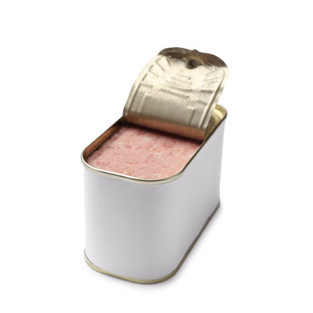 Canned meat in tin can isolated on whiteの写真素材