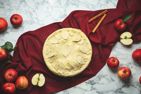 Raw homemade pie, apples and cinnamon sticks on white marble table, flat layの写真素材