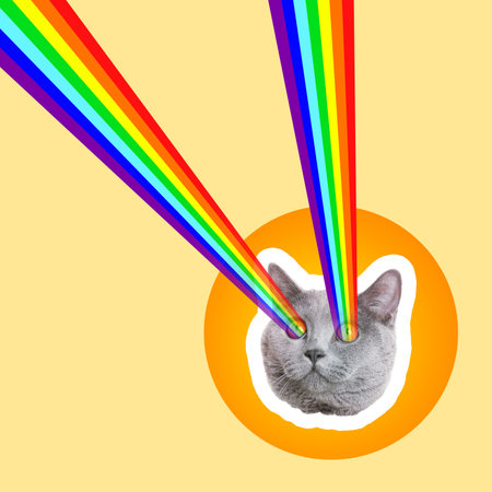 Cat shooting with rainbow lasers from eyes on beige background. Stylish posterの写真素材