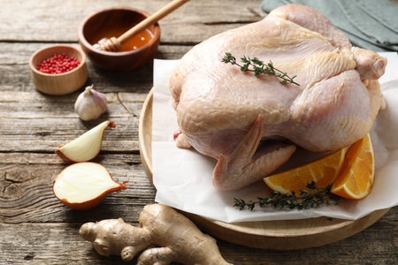 Uncooked turkey, orange slices and spices on wooden table, closeupの写真素材
