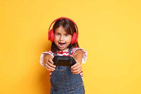 Cute little girl in headphones playing video game with controller on orange backgroundの写真素材
