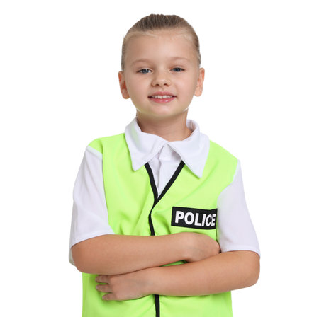 Little girl pretending to be policewoman on white background. Dreaming of future professionの写真素材