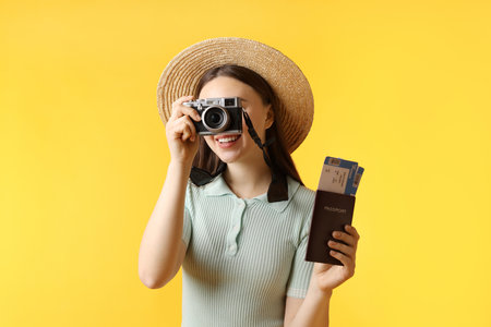 Woman with tickets, passport and vintage camera on orange backgroundの写真素材