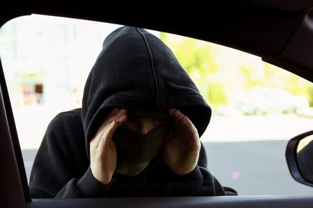 Thief looking into car through side windowの写真素材