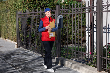 Mailwoman in uniform with envelopes outdoors. Postal serviceの写真素材