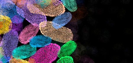 Fingerprints of different colors on black background. Banner design with space for textの写真素材