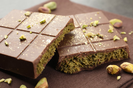 Pieces of tasty Dubai chocolate bar with pistachios and knafeh on table, closeupの写真素材