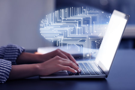 Businesswoman working on laptop at desk, closeup. Digital brain coming out of computer symbolizing...