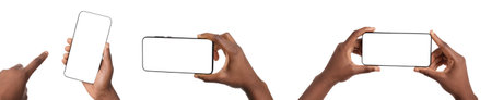 Woman holding mobile phone with blank screen on white background, closeup. Collage
