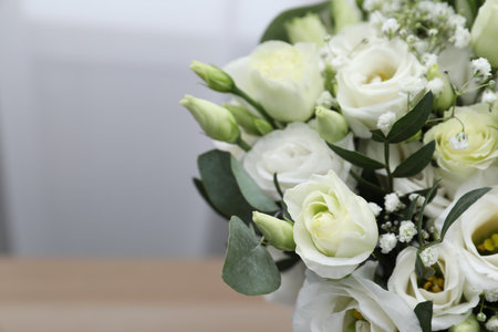 Beautiful wedding bouquet on light background, closeup. Space for textの写真素材