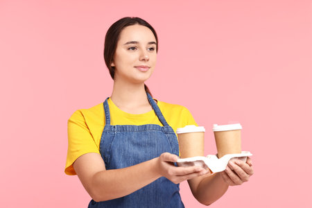 Girl in apron with takeaway paper cups of coffee on pink background. Work for teenagersの写真素材