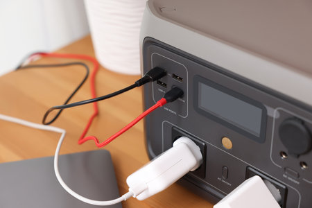 Portable power station with chargers on wooden desk indoors, closeup