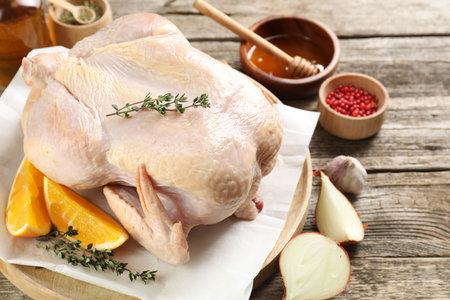 Uncooked turkey, orange slices and spices on wooden table, closeupの写真素材