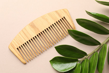 Wooden comb and branch with leaves on beige background, flat layの写真素材