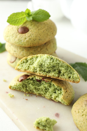 Mint chocolate chip cookies on white table, closeupの写真素材