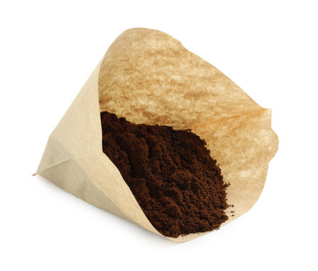 Paper filter and instant coffee isolated on whiteの写真素材