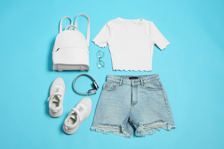 Stylish outfit with backpack on light blue background, flat layの写真素材