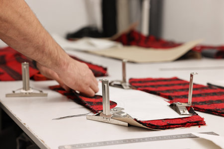 Man working at white table in professional workshop, closeup