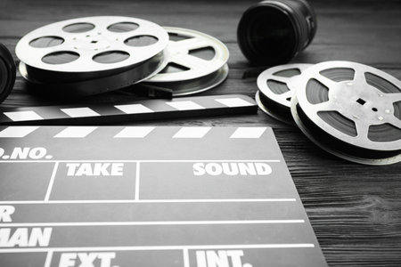Movie clapper, camera lens and film reels on black wooden table, closeupの写真素材