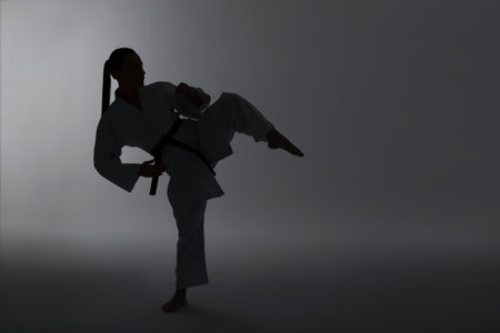 Silhouette of woman in kimono practicing karate on light backgroundの写真素材