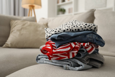 Stack of different used clothes on sofa indoors, closeup. Space for textの写真素材