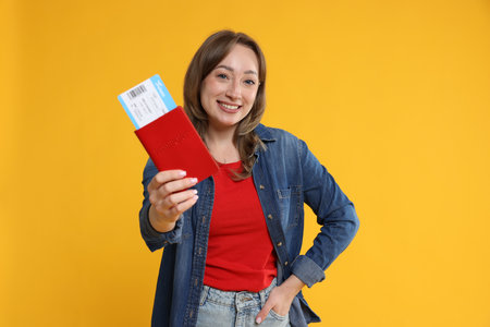 Happy traveller with passport and ticket on yellow backgroundの写真素材